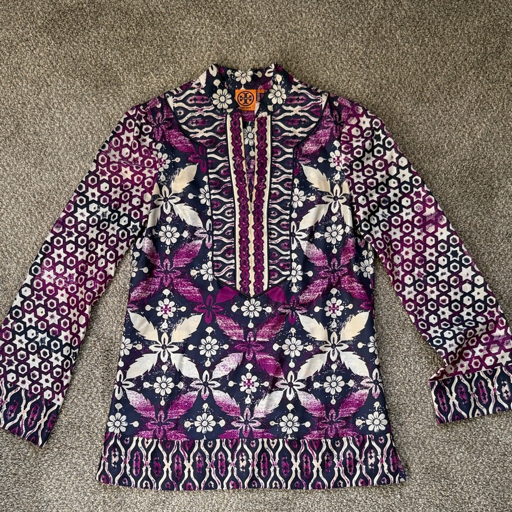Tory Burch Silk Navy and Cream Floral Blouse
